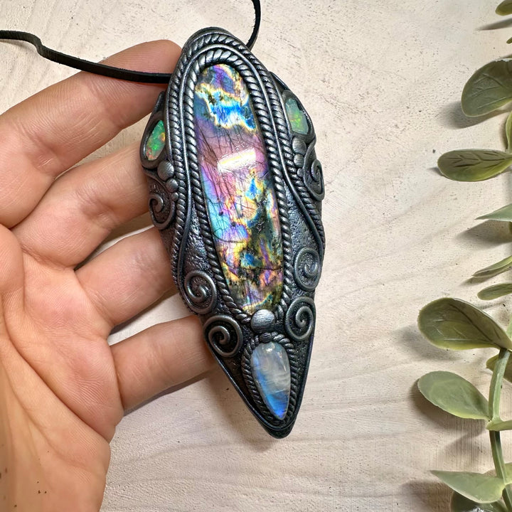 Labradorite with moonstone and raw Ethiopian opal necklace