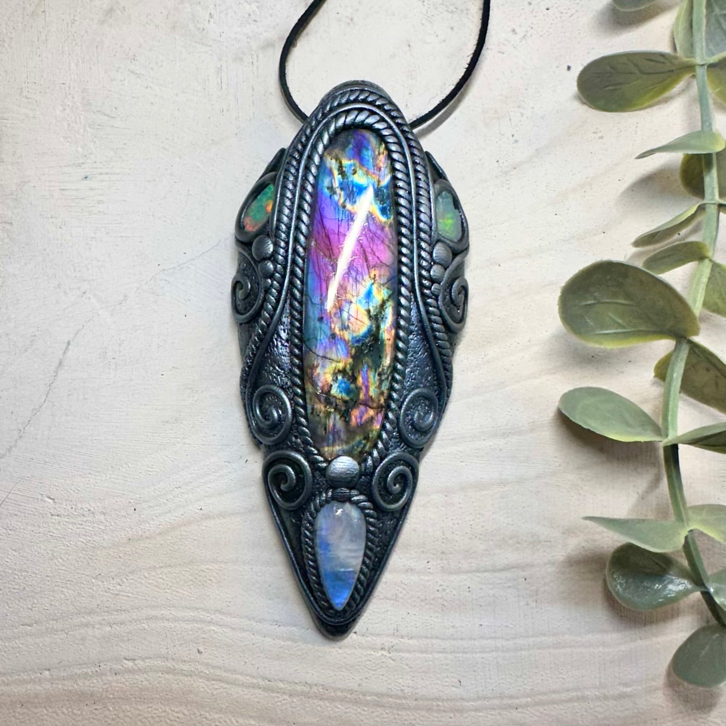 Spiritual gemstone necklace featuring labradorite moonstone and opal