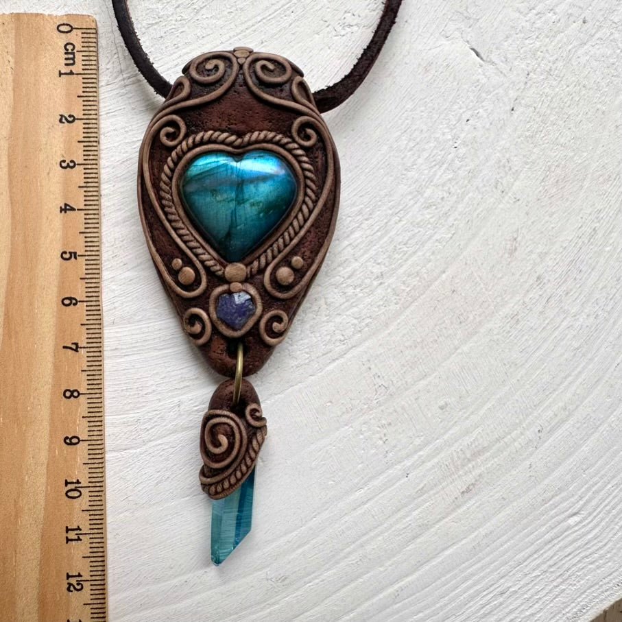 Labradorite Aqua Aura Quartz and Tanzanite Necklace, Handmade Boho Pendant - FairyGardenGlow