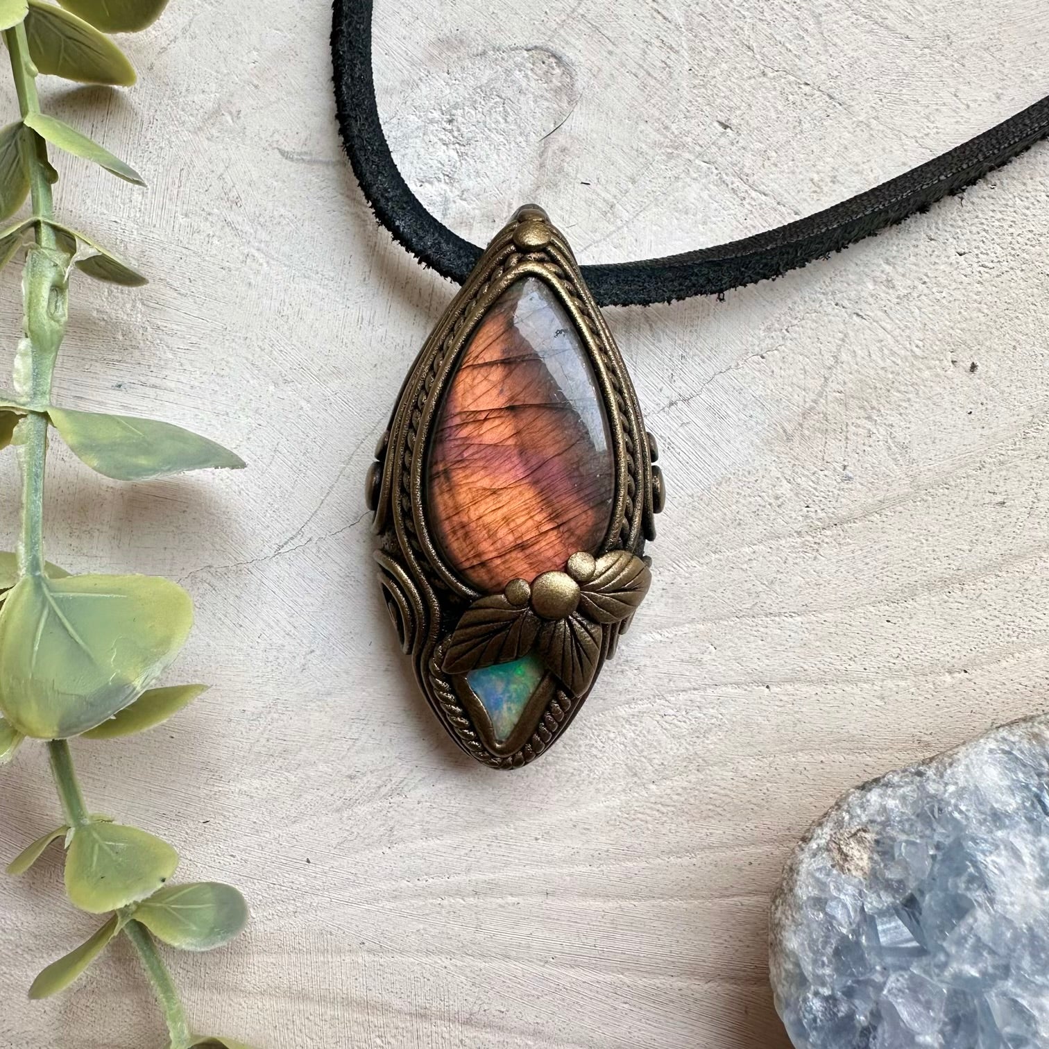 Handmade necklace with labradorite and raw opal