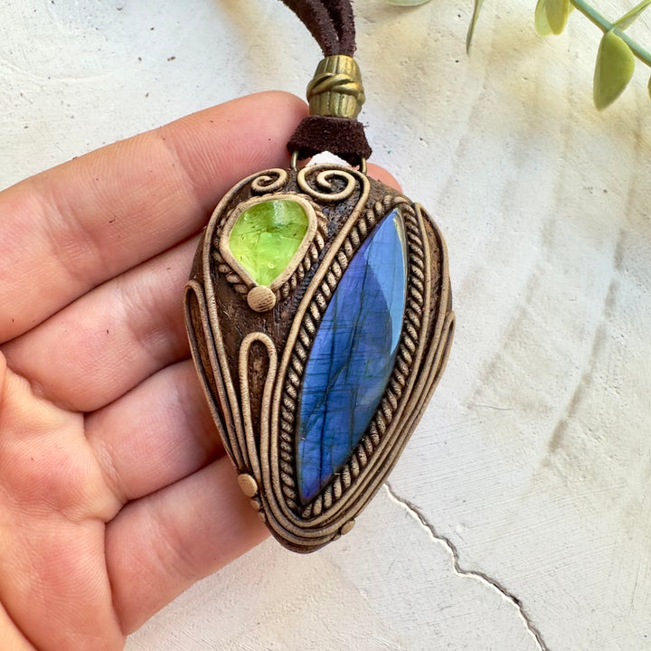 Labradorite and peridot pendant necklace handmade with natural gemstones
