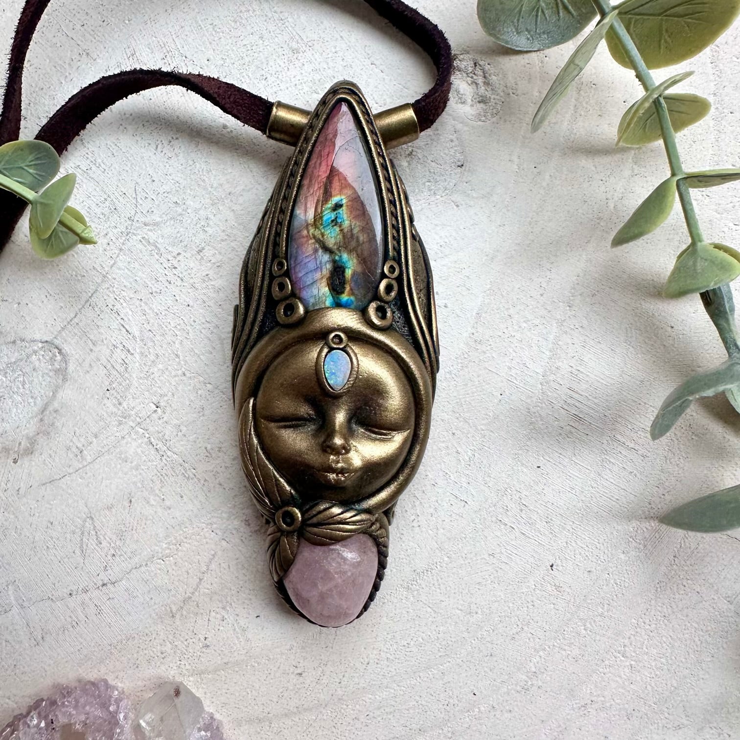 Labradorite with candy pink kunzite and Australian opal doublet goddess necklace