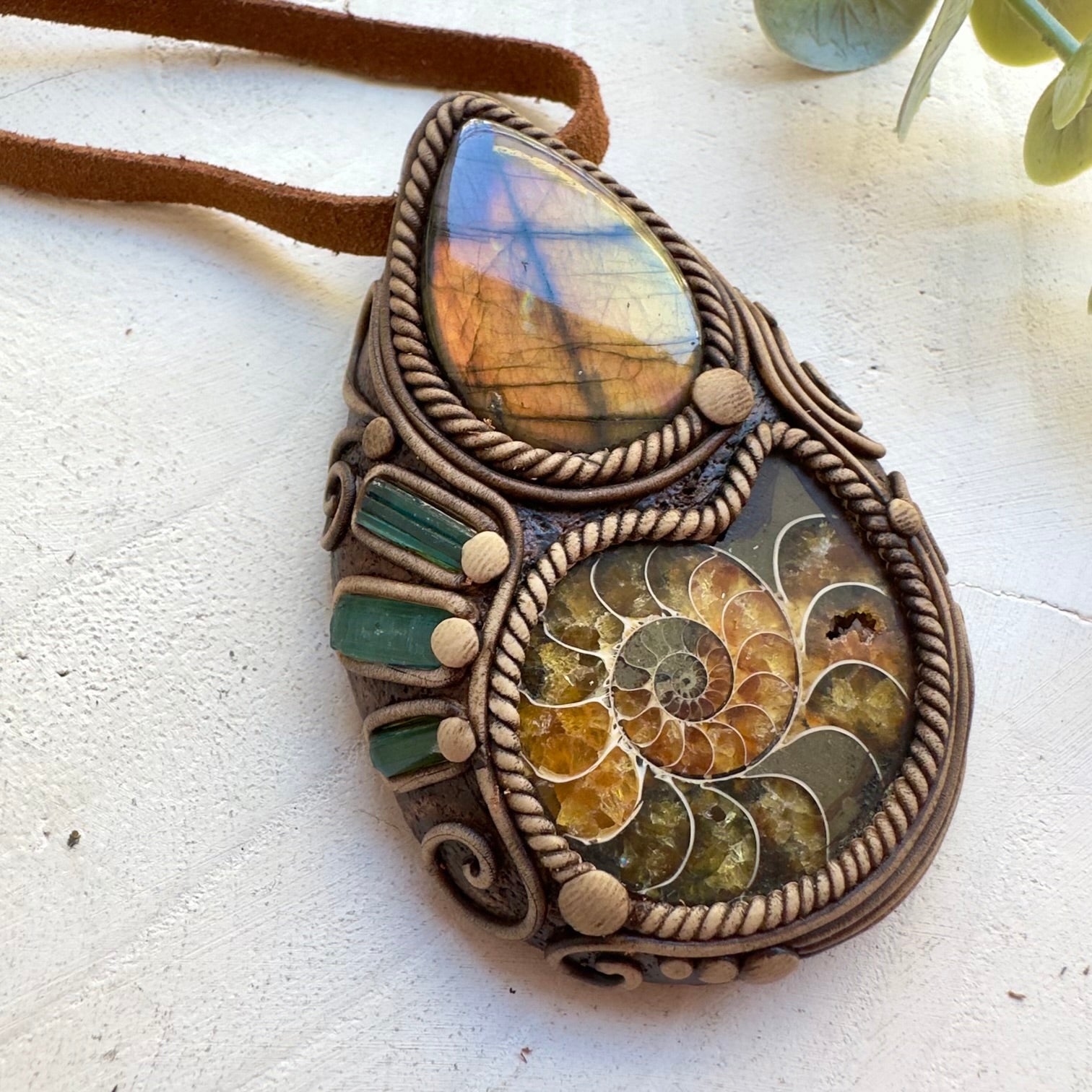 Protection amulet necklace with labradorite and ammonite fossil