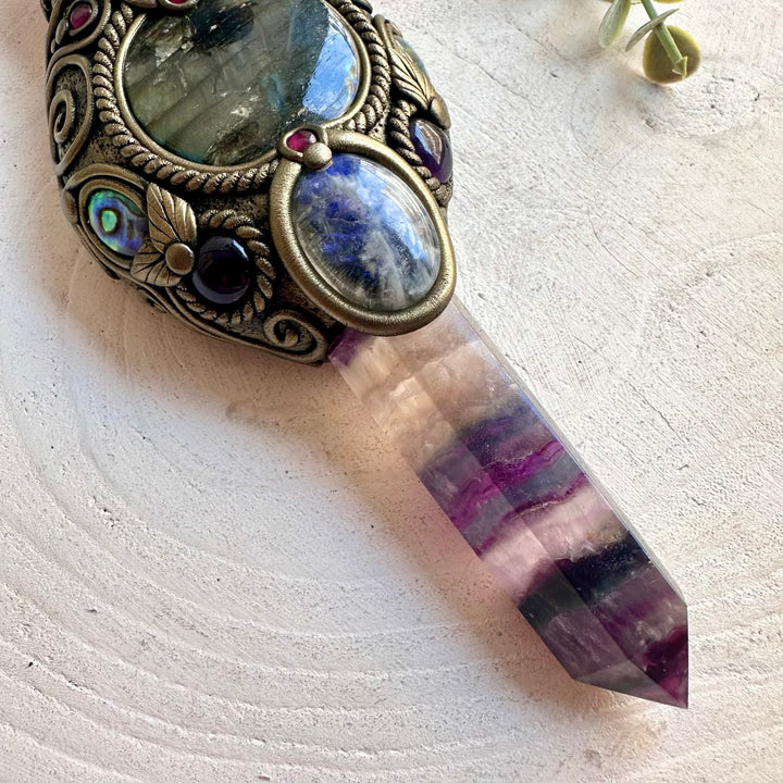Natural crystal wand showcasing Rainbow Fluorite with Labradorite and  Larimar.