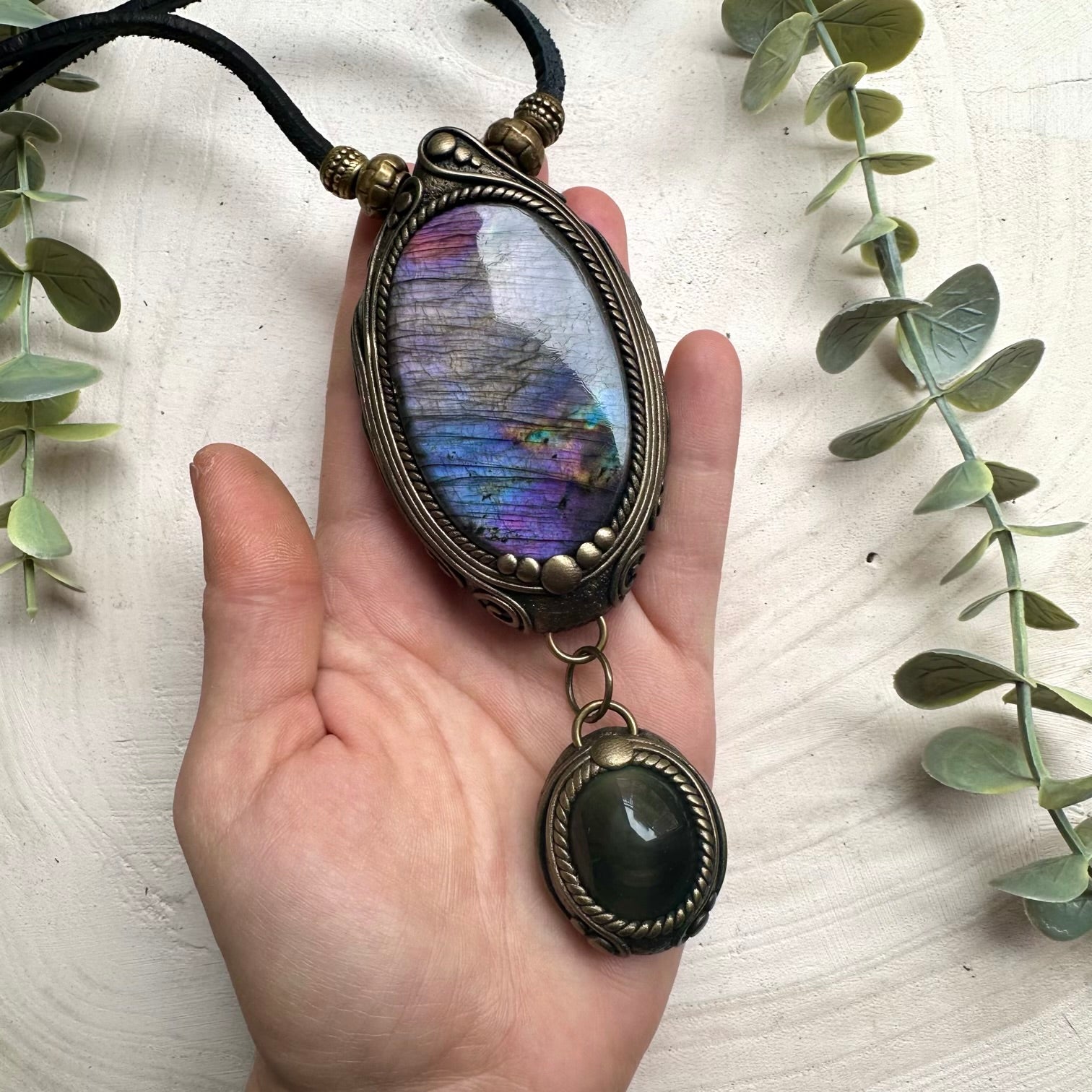 Unique gemstone necklace combining labradorite and rainbow obsidian