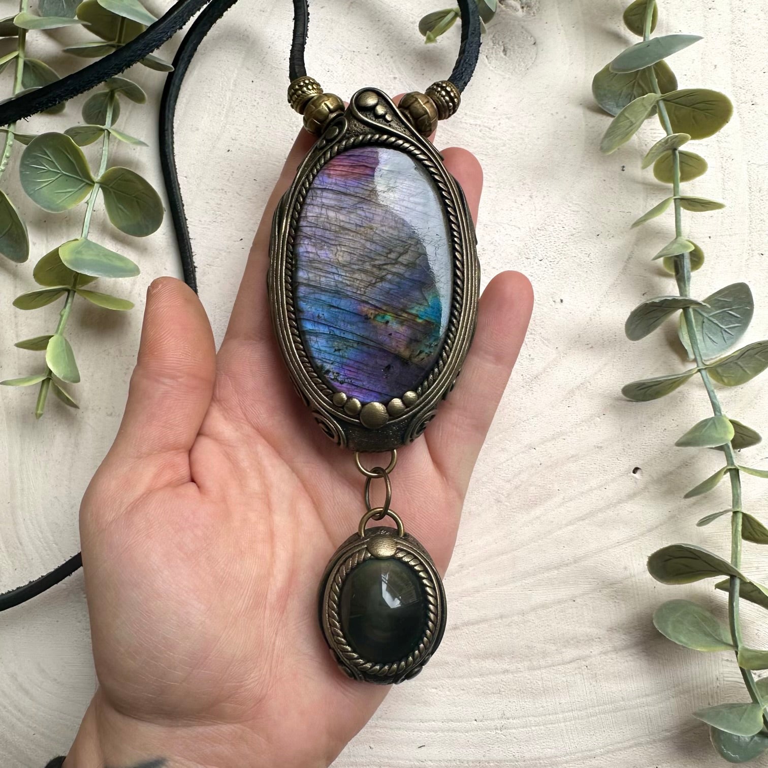 Handmade statement necklace featuring large labradorite and rainbow obsidian