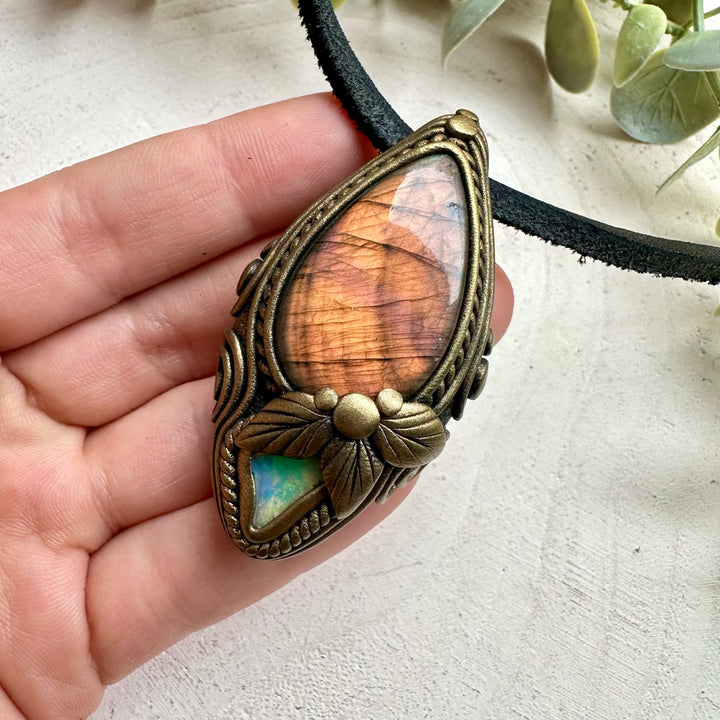 Labradorite and raw opal pendant necklace