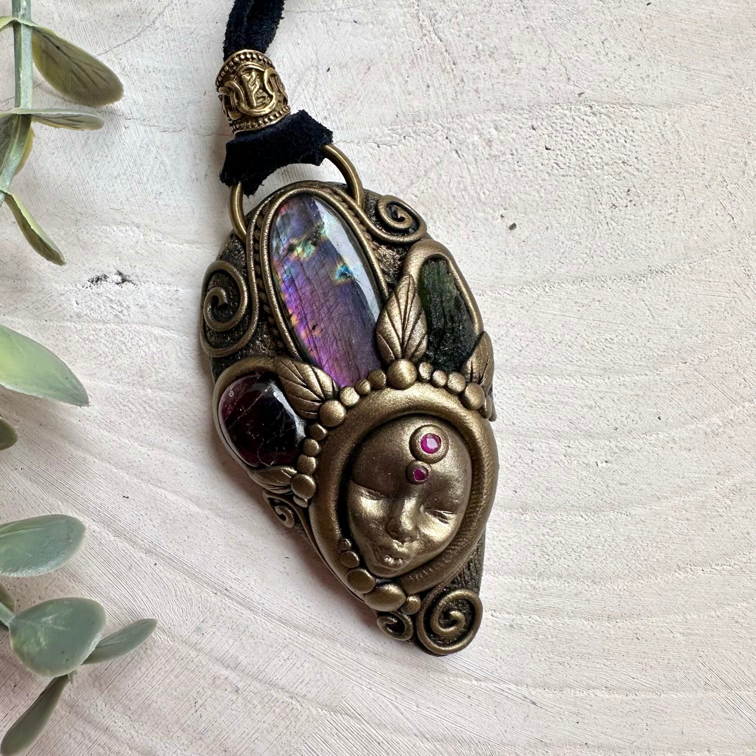 Natural gemstone goddess necklace with moldavite and labradorite
