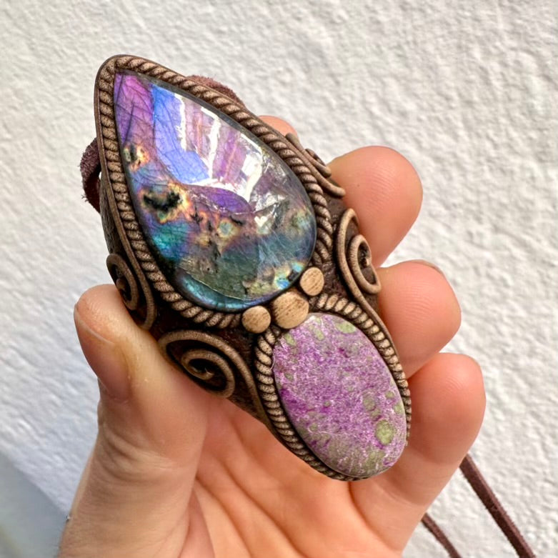 Handmade Labradorite crystal pendant with purple flash and heart-soothing Stichtite stone, artisan spiritual healing talisman necklace.