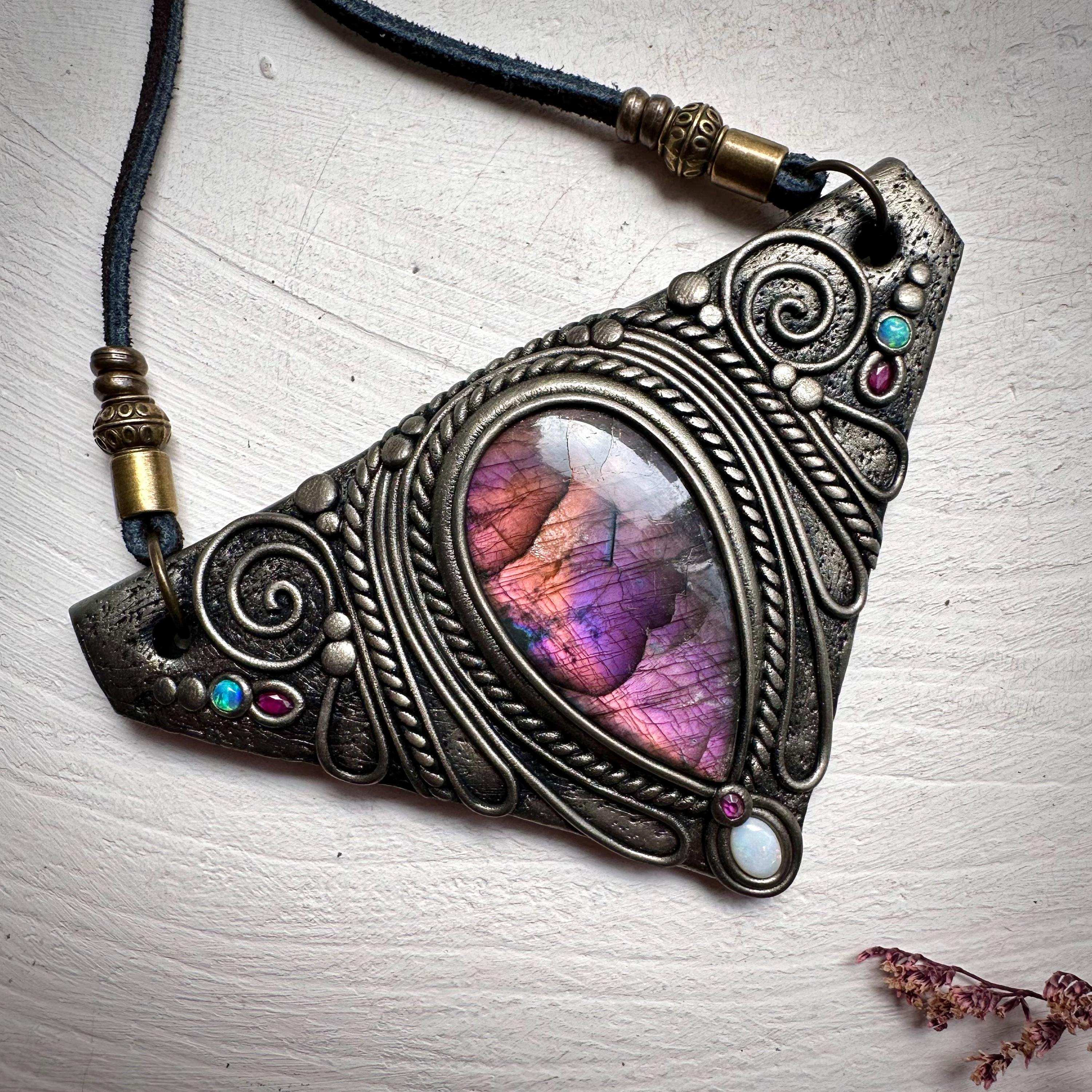 Labradorite Australian Opal and Ruby Necklace - FairyGardenGlow