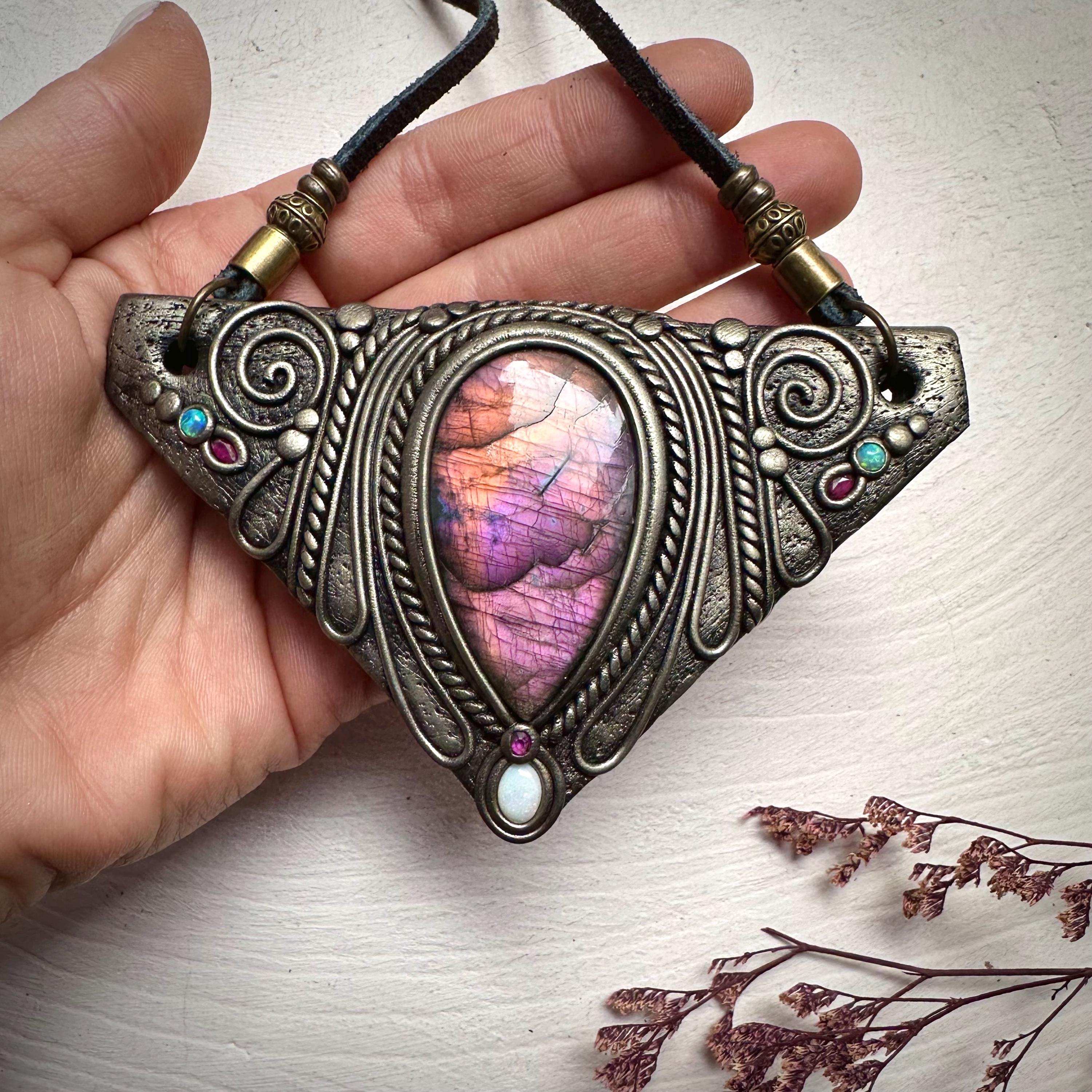 Labradorite Australian Opal and Ruby Necklace - FairyGardenGlow