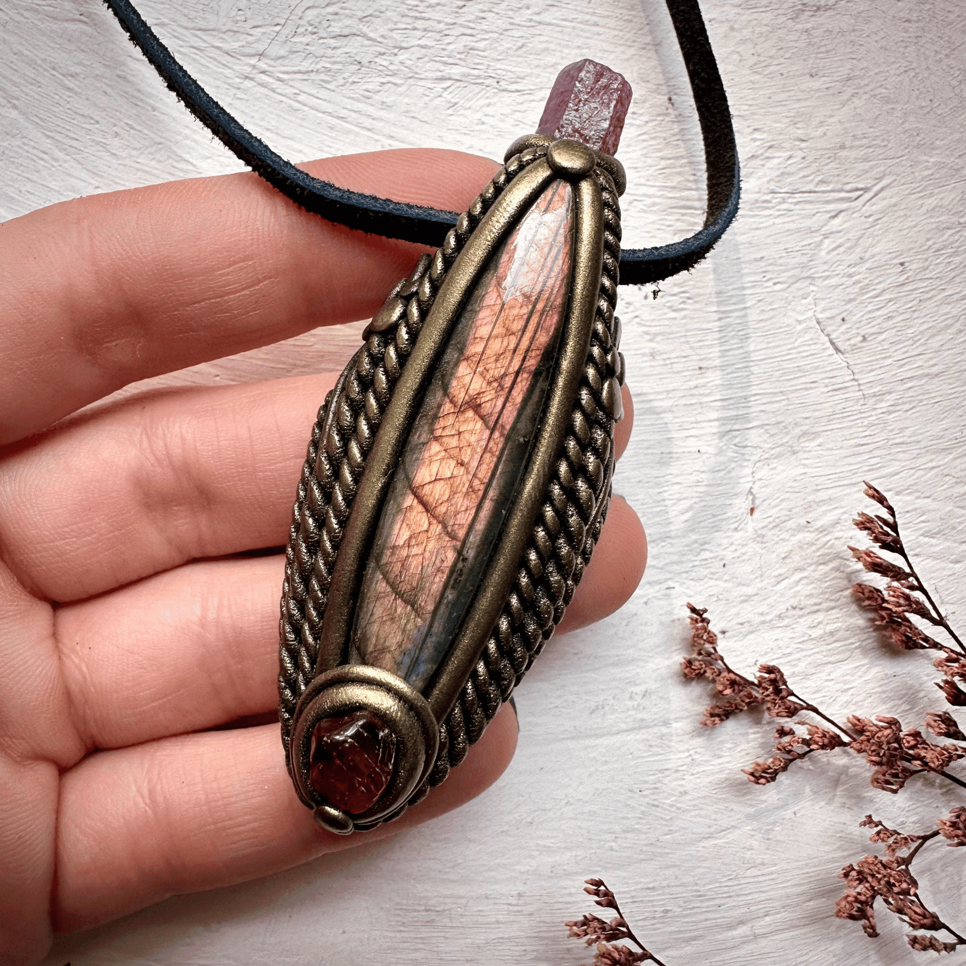 Labradorite Hessonite Garnet and Ruby Necklace - FairyGardenGlow