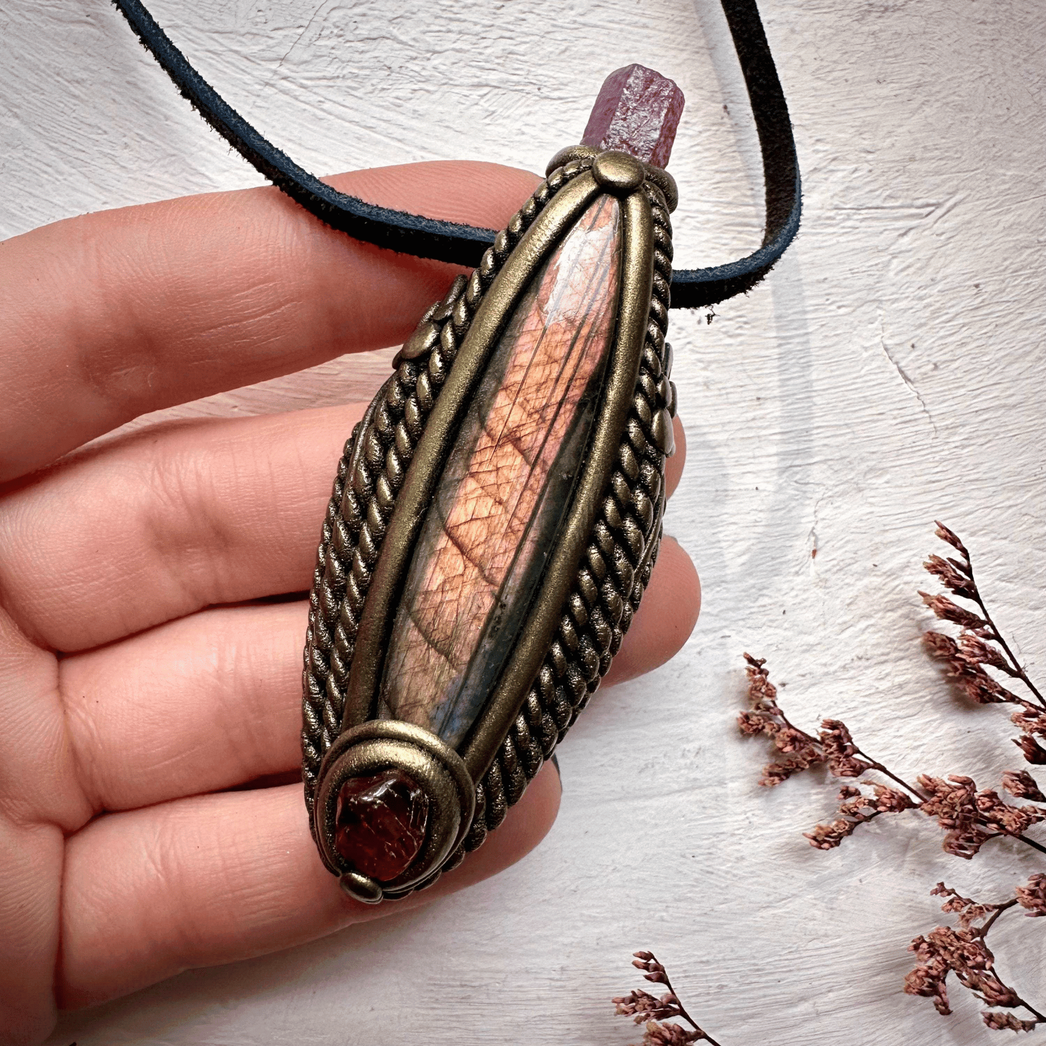 Labradorite Hessonite Garnet and Ruby Necklace - FairyGardenGlow
