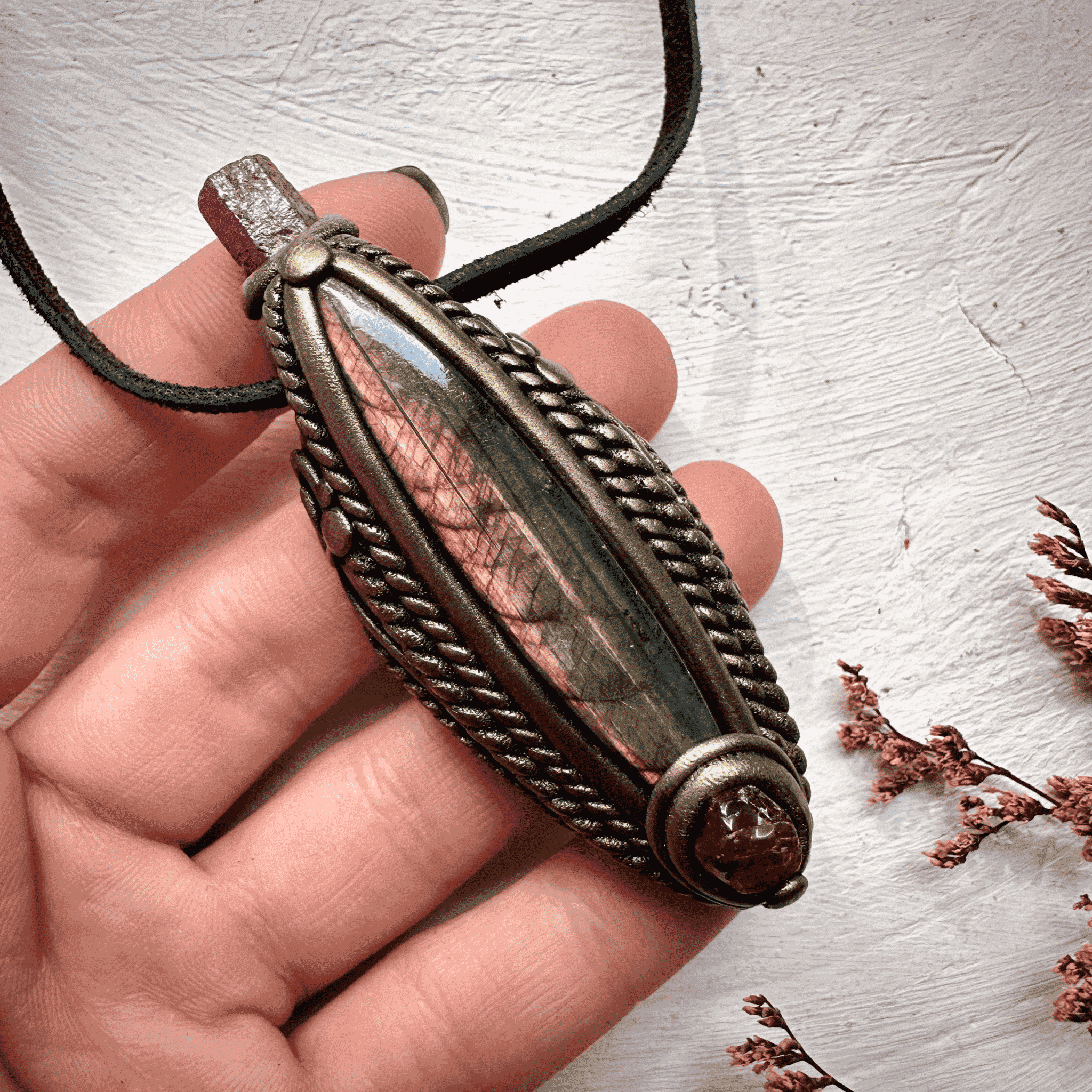 Labradorite Hessonite Garnet and Ruby Necklace - FairyGardenGlow