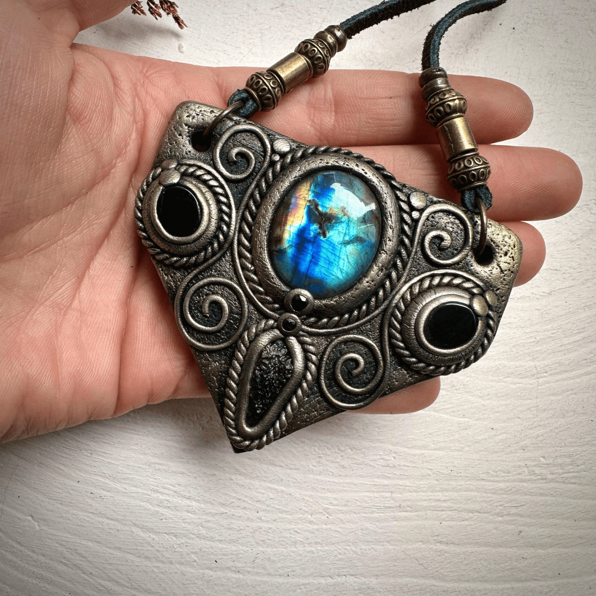 Labradorite Moldavite Black Onyx and Blue Sapphire Necklace - FairyGardenGlow