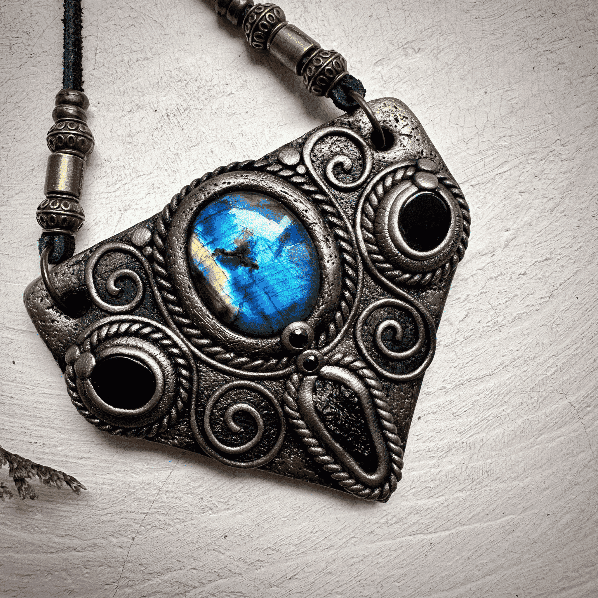 Labradorite Moldavite Black Onyx and Blue Sapphire Necklace - FairyGardenGlow