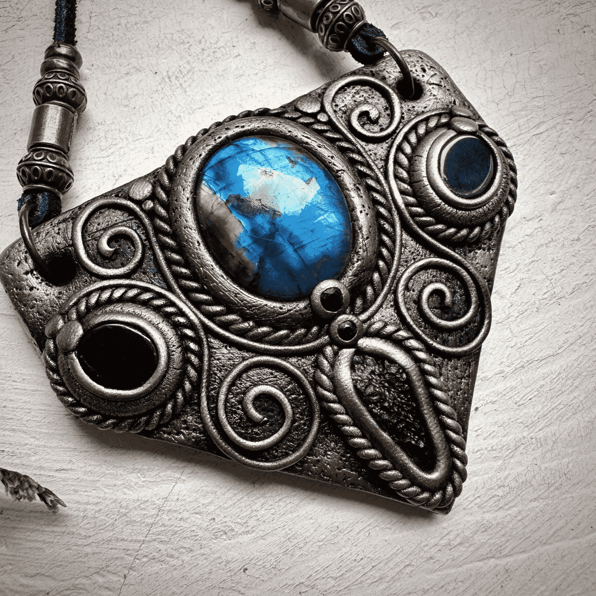Labradorite Moldavite Black Onyx and Blue Sapphire Necklace - FairyGardenGlow