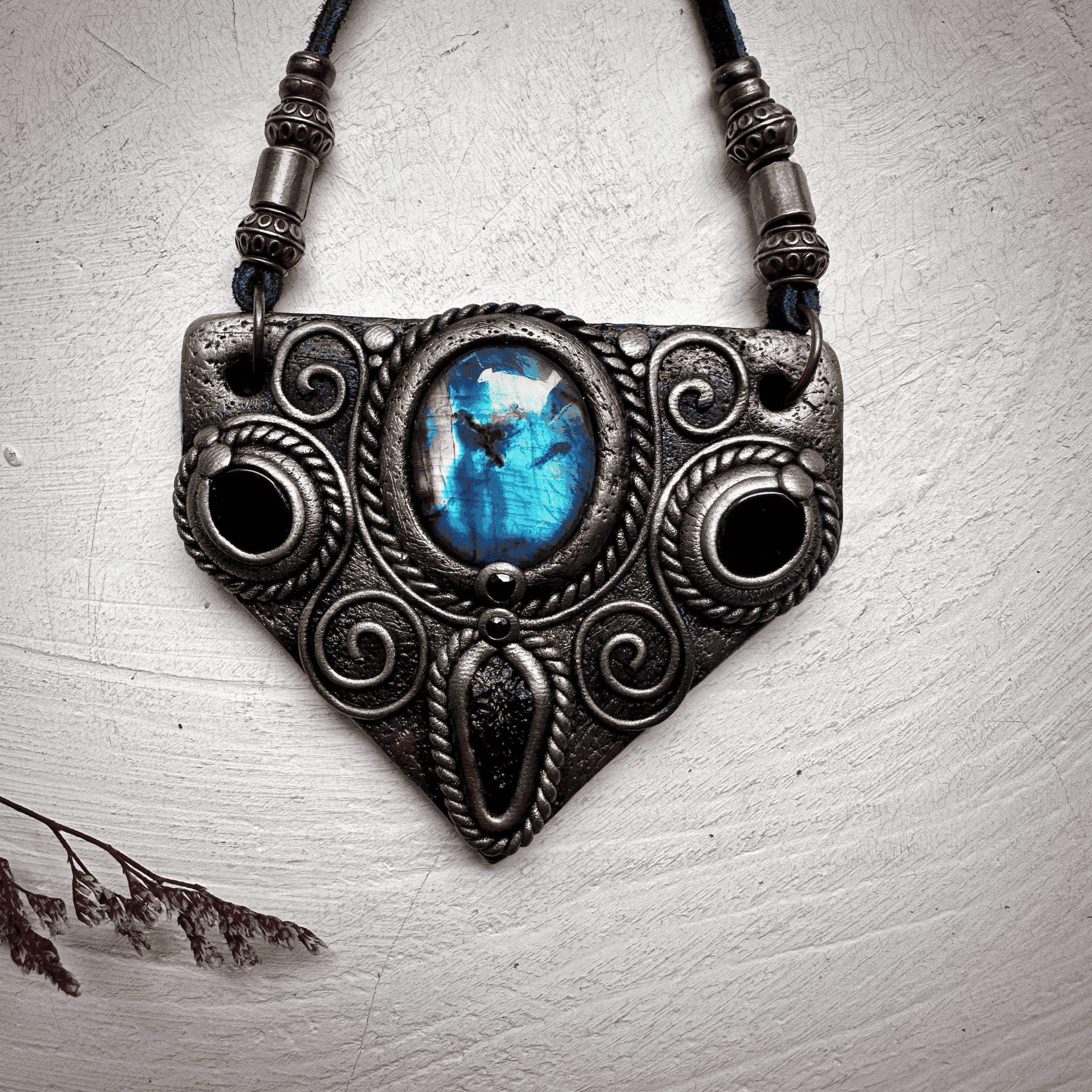 Labradorite Moldavite Black Onyx and Blue Sapphire Necklace - FairyGardenGlow