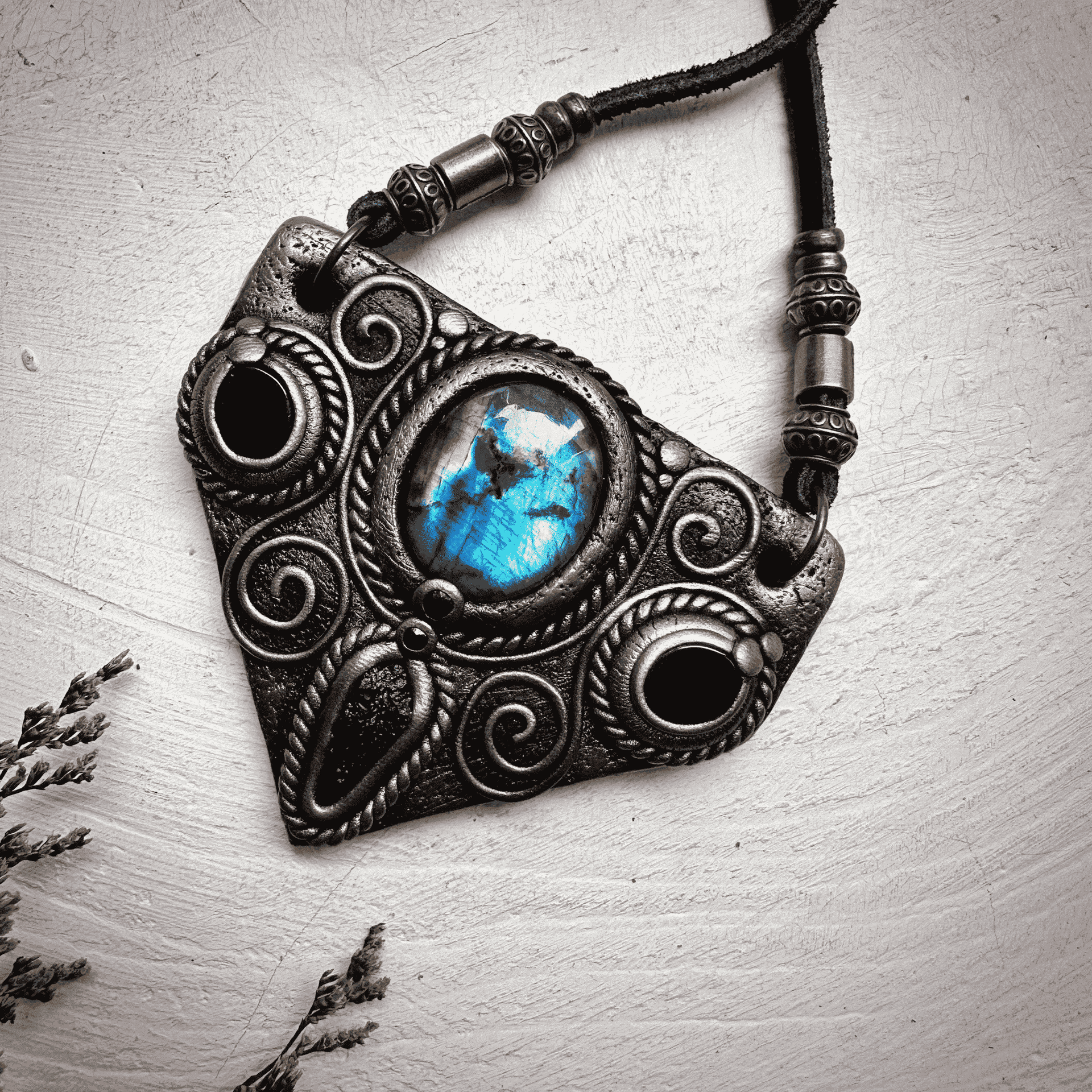 Labradorite Moldavite Black Onyx and Blue Sapphire Necklace - FairyGardenGlow