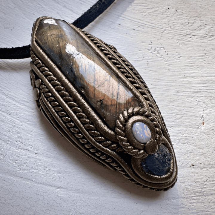 Labradorite Tanzanite and Australian Opal Pendant Necklace - FairyGardenGlow