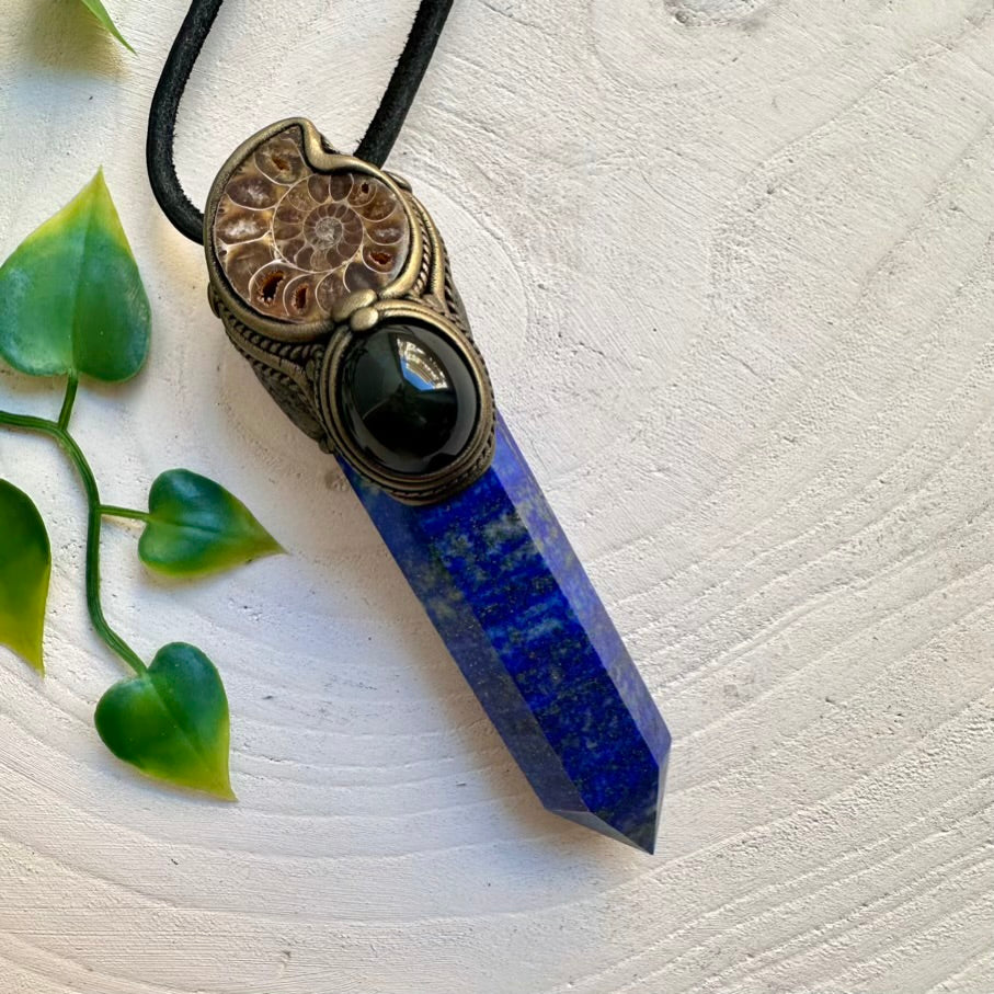 Lapis Lazuli, Ammonite and Rainbow Obsidian crystal wand pendant – handmade jewelry