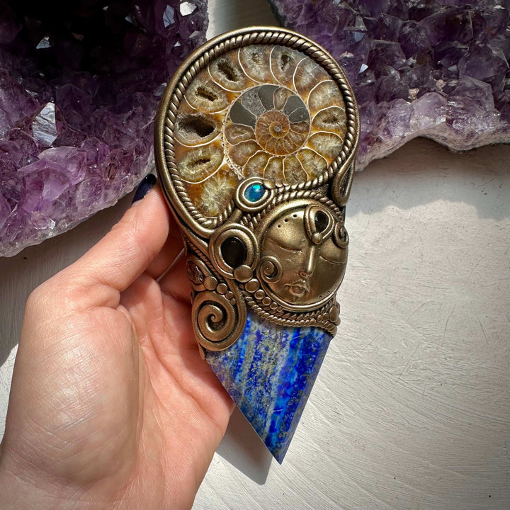 Lapis Lazuli Ammonite Smoky Quartz Black Onyx and Australian Black Opal Goddess Wand - FairyGardenGlow