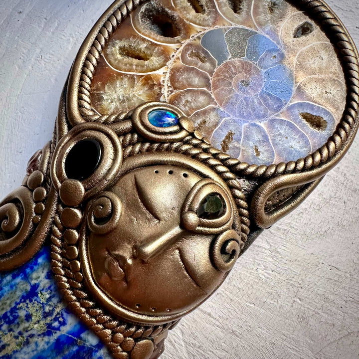 Lapis Lazuli Ammonite Smoky Quartz Black Onyx and Australian Black Opal Goddess Wand - FairyGardenGlow