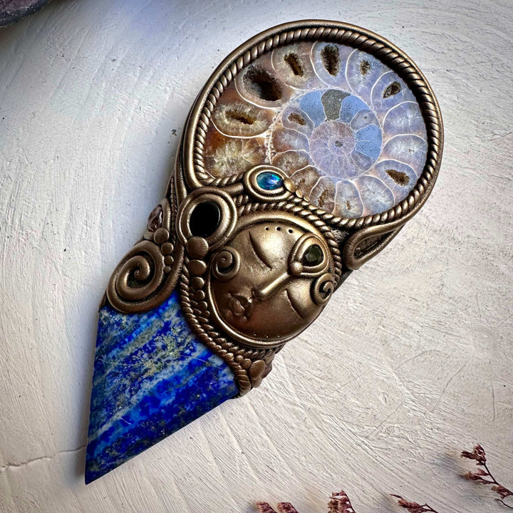 Lapis Lazuli Ammonite Smoky Quartz Black Onyx and Australian Black Opal Goddess Wand - FairyGardenGlow
