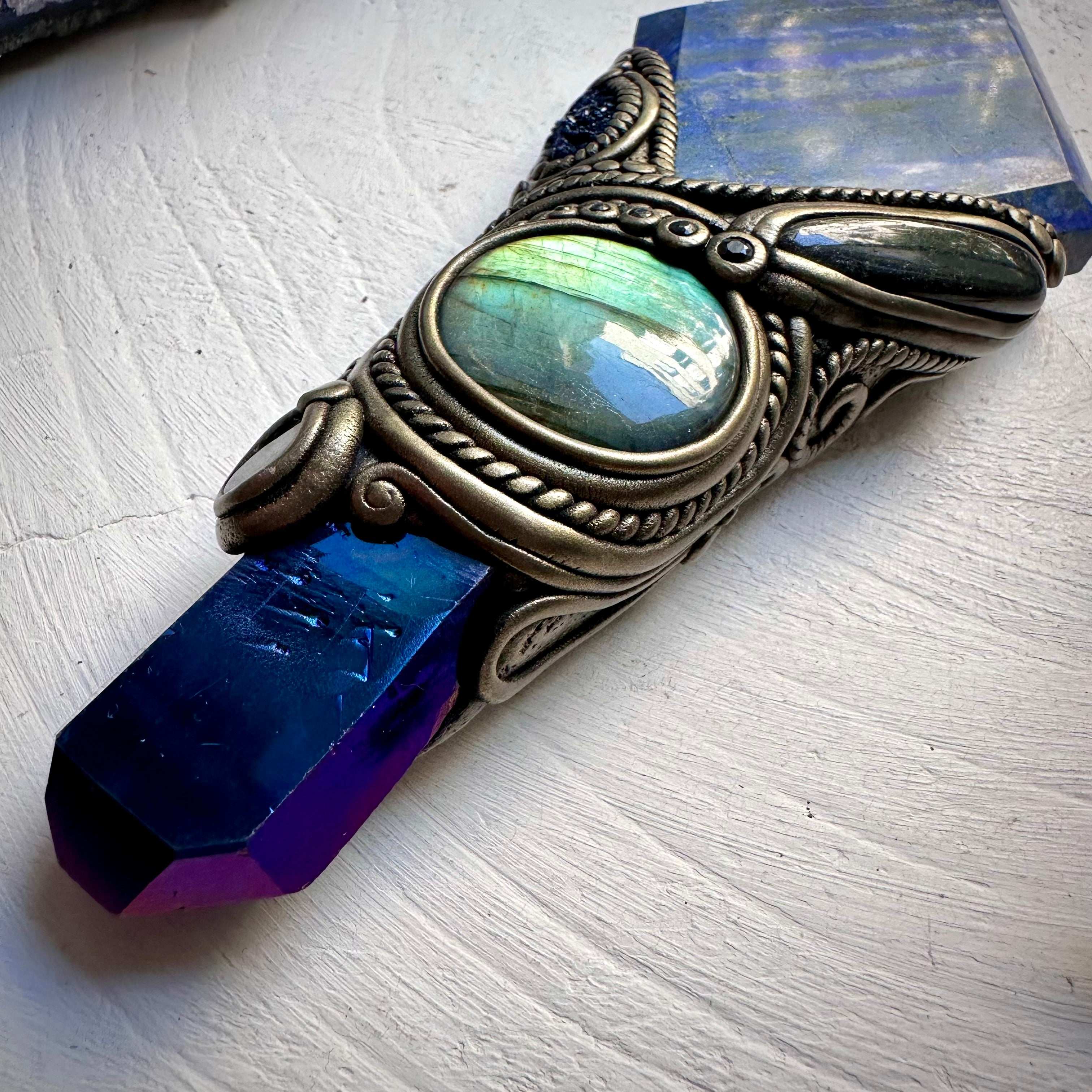 Lapis Lazuli Cobalt Aura Quartz Labradorite Black Tourmaline Azurite Black Onyx and Blue Sapphire Wand - FairyGardenGlow