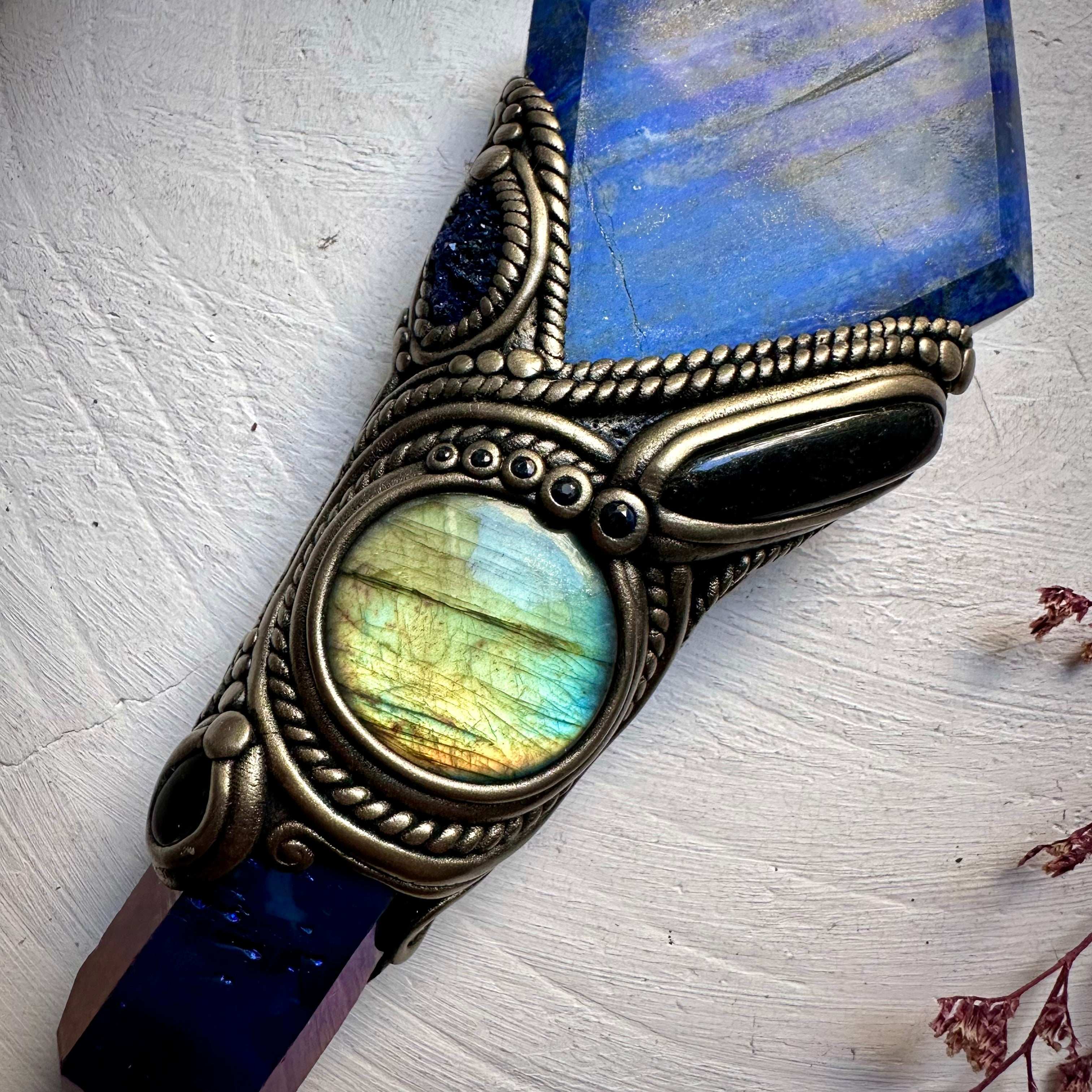 Lapis Lazuli Cobalt Aura Quartz Labradorite Black Tourmaline Azurite Black Onyx and Blue Sapphire Wand - FairyGardenGlow