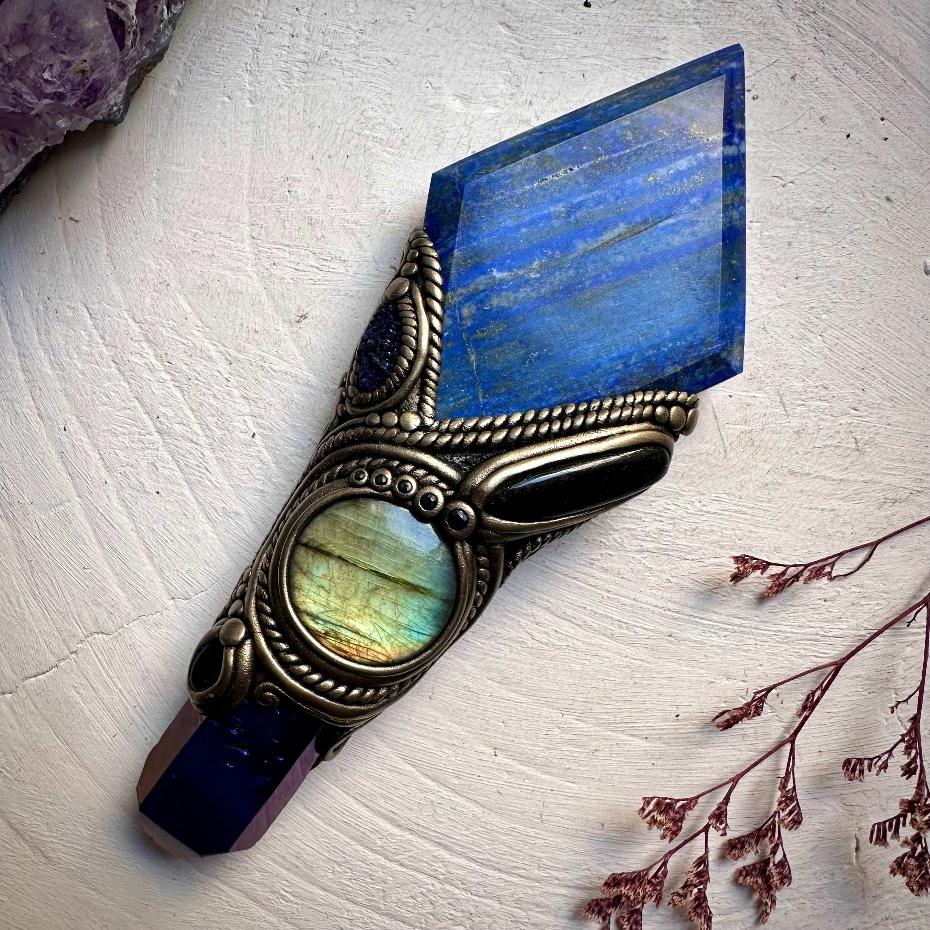 Lapis Lazuli Cobalt Aura Quartz Labradorite Black Tourmaline Azurite Black Onyx and Blue Sapphire Wand - FairyGardenGlow