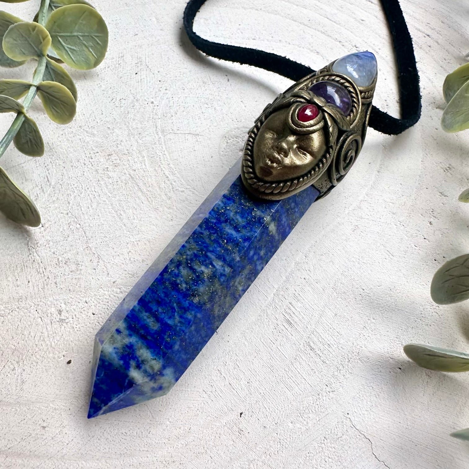 Goddess wand necklace with Lapis Lazuli, Rainbow Moonstone, Amethyst and Rhodolite Garnet