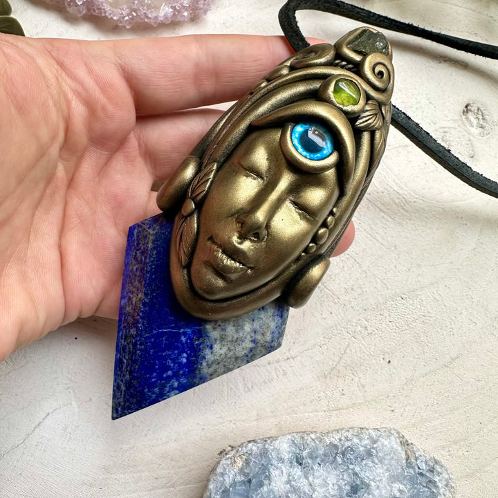 Lapis lazuli moldavite and peridot third eye goddess talisman wand pendant
