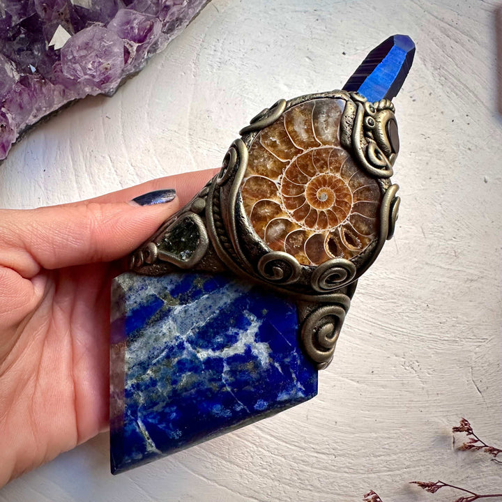 Lapis Lazuli Ammonite Cobalt Aura Quartz Moldavite and Black Onyx Wand / Meditation Focus - FairyGardenGlow