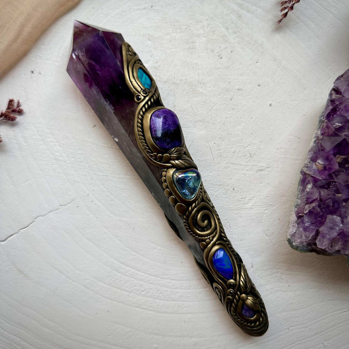 Large Amethyst Point with Charoite Raw Chrysocolla Boulder Opal Aqua Aura Quartz Tanzanite and Blue Sapphire Wand - FairyGardenGlow