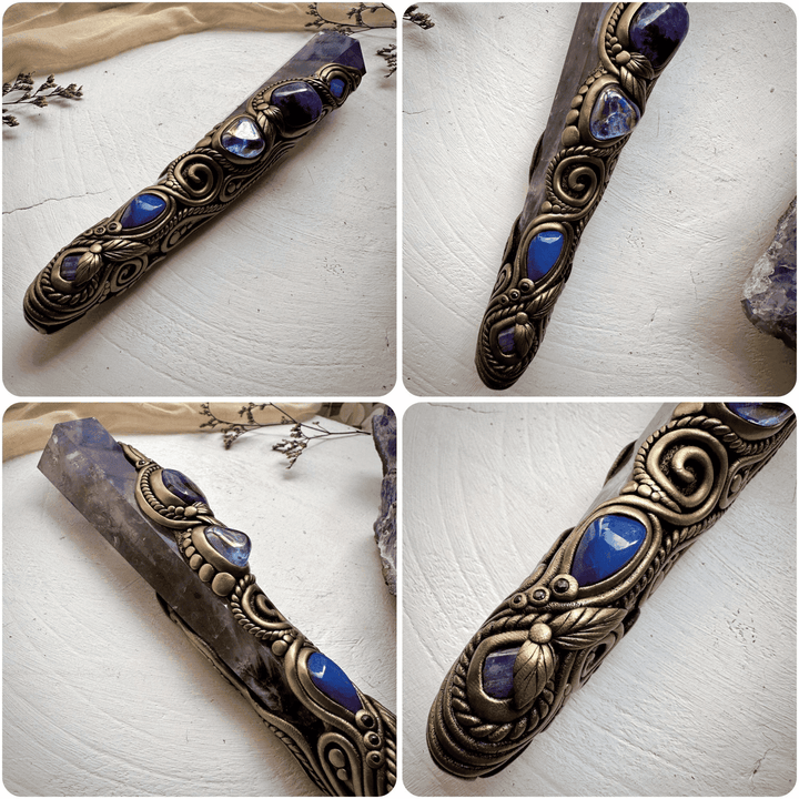 Large Amethyst Point with Charoite Raw Chrysocolla Boulder Opal Aqua Aura Quartz Tanzanite and Blue Sapphire Wand - FairyGardenGlow
