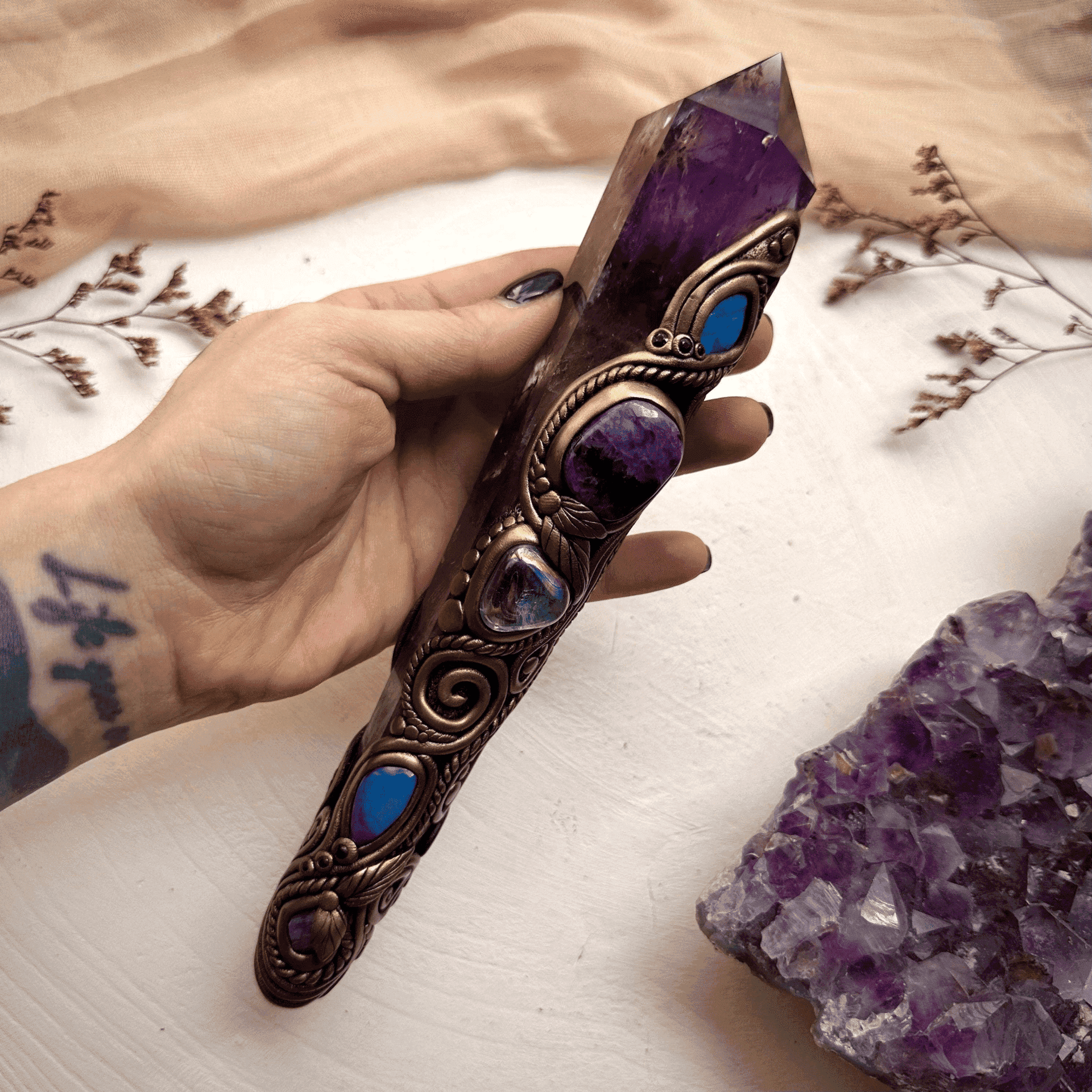 Large Amethyst Point with Charoite Raw Chrysocolla Boulder Opal Aqua Aura Quartz Tanzanite and Blue Sapphire Wand - FairyGardenGlow