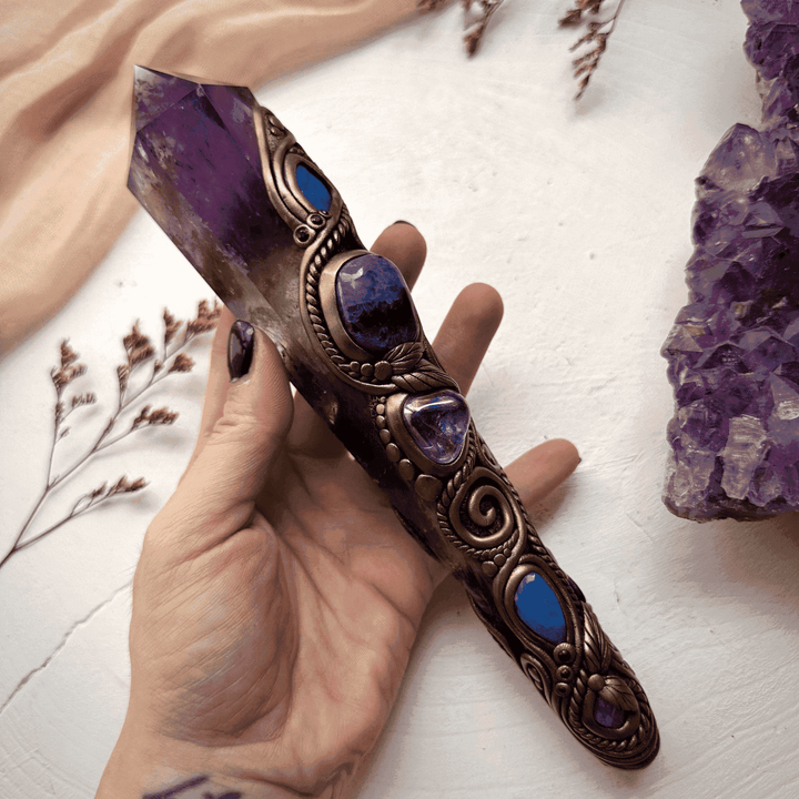 Large Amethyst Point with Charoite Raw Chrysocolla Boulder Opal Aqua Aura Quartz Tanzanite and Blue Sapphire Wand - FairyGardenGlow