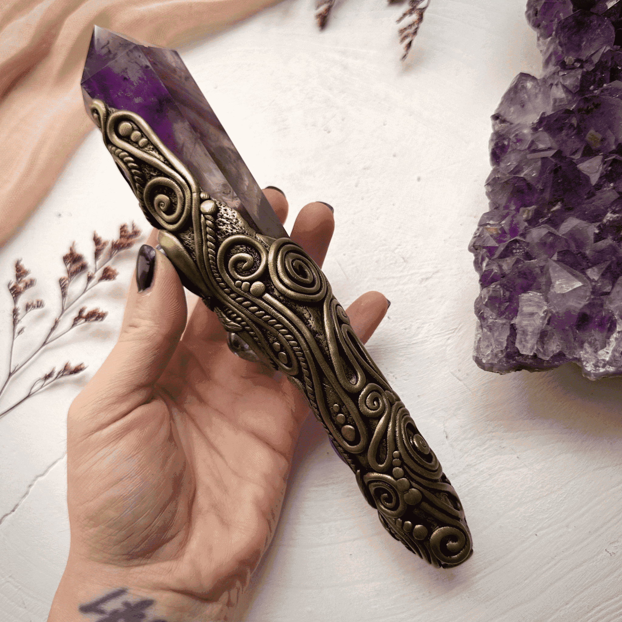 Large Amethyst Point with Charoite Raw Chrysocolla Boulder Opal Aqua Aura Quartz Tanzanite and Blue Sapphire Wand - FairyGardenGlow