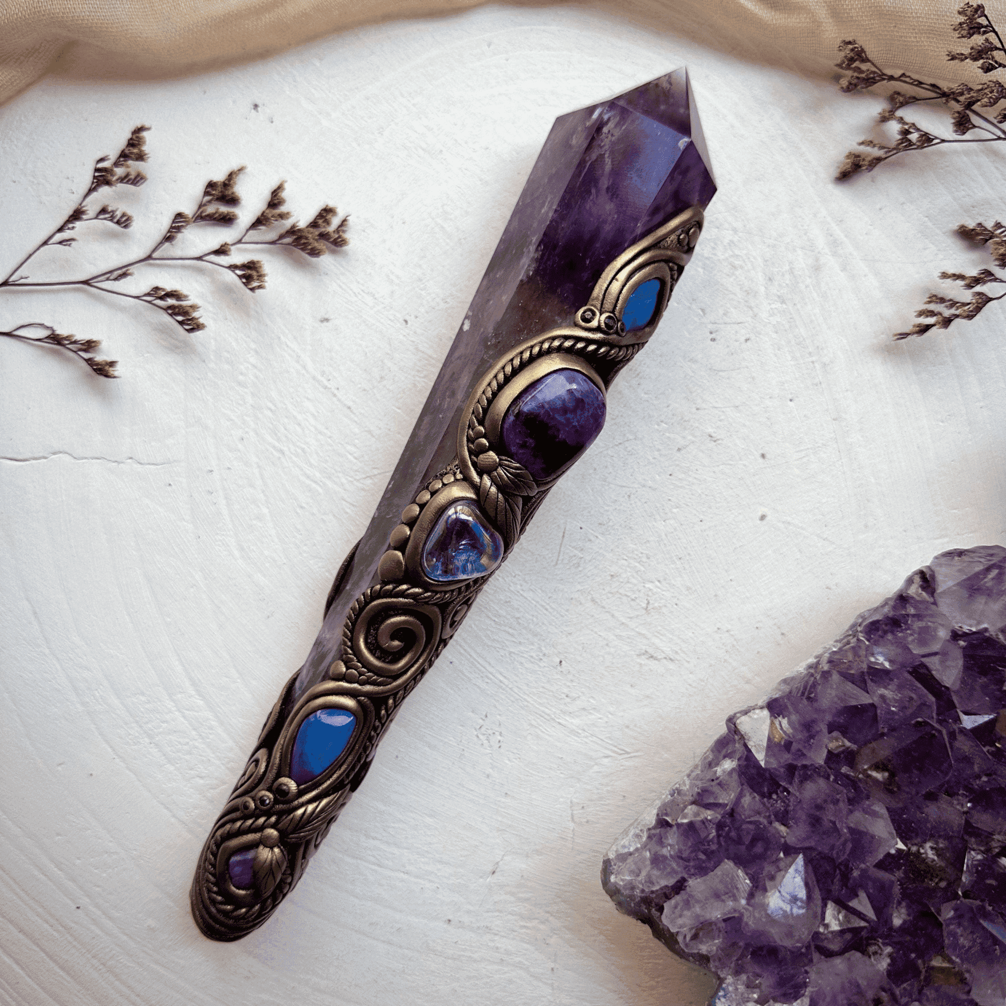 Large Amethyst Point with Charoite Raw Chrysocolla Boulder Opal Aqua Aura Quartz Tanzanite and Blue Sapphire Wand - FairyGardenGlow