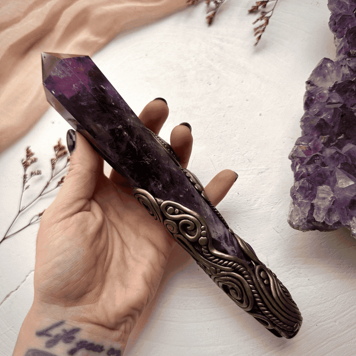 Large Amethyst Point with Charoite Raw Chrysocolla Boulder Opal Aqua Aura Quartz Tanzanite and Blue Sapphire Wand - FairyGardenGlow