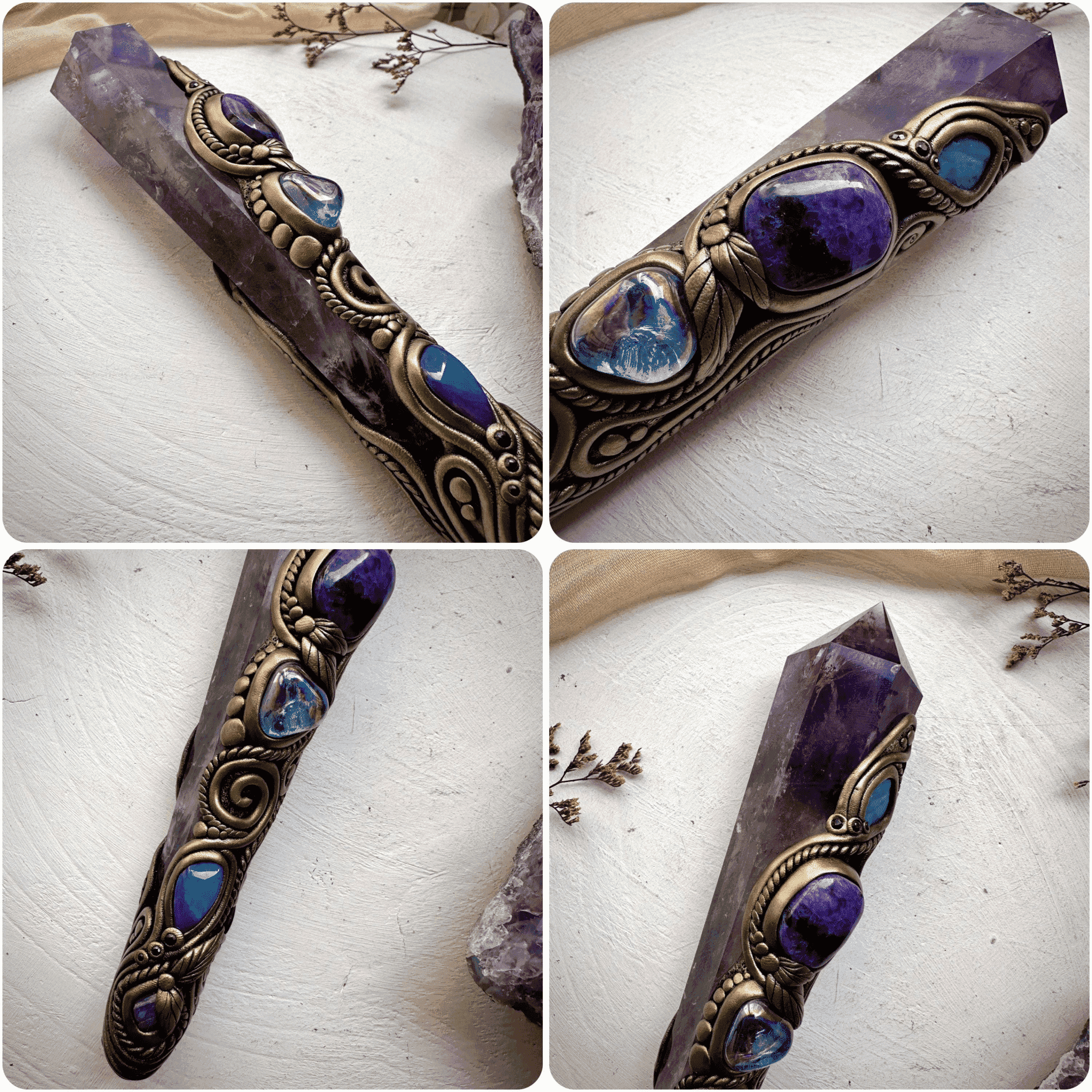 Large Amethyst Point with Charoite Raw Chrysocolla Boulder Opal Aqua Aura Quartz Tanzanite and Blue Sapphire Wand - FairyGardenGlow