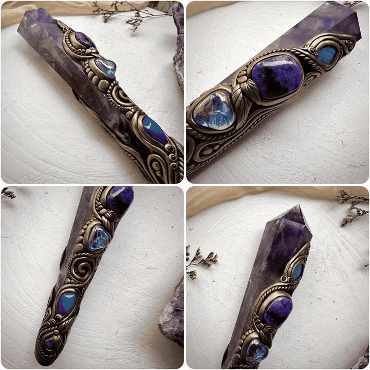 Large Amethyst Point with Charoite Raw Chrysocolla Boulder Opal Aqua Aura Quartz Tanzanite and Blue Sapphire Wand - FairyGardenGlow