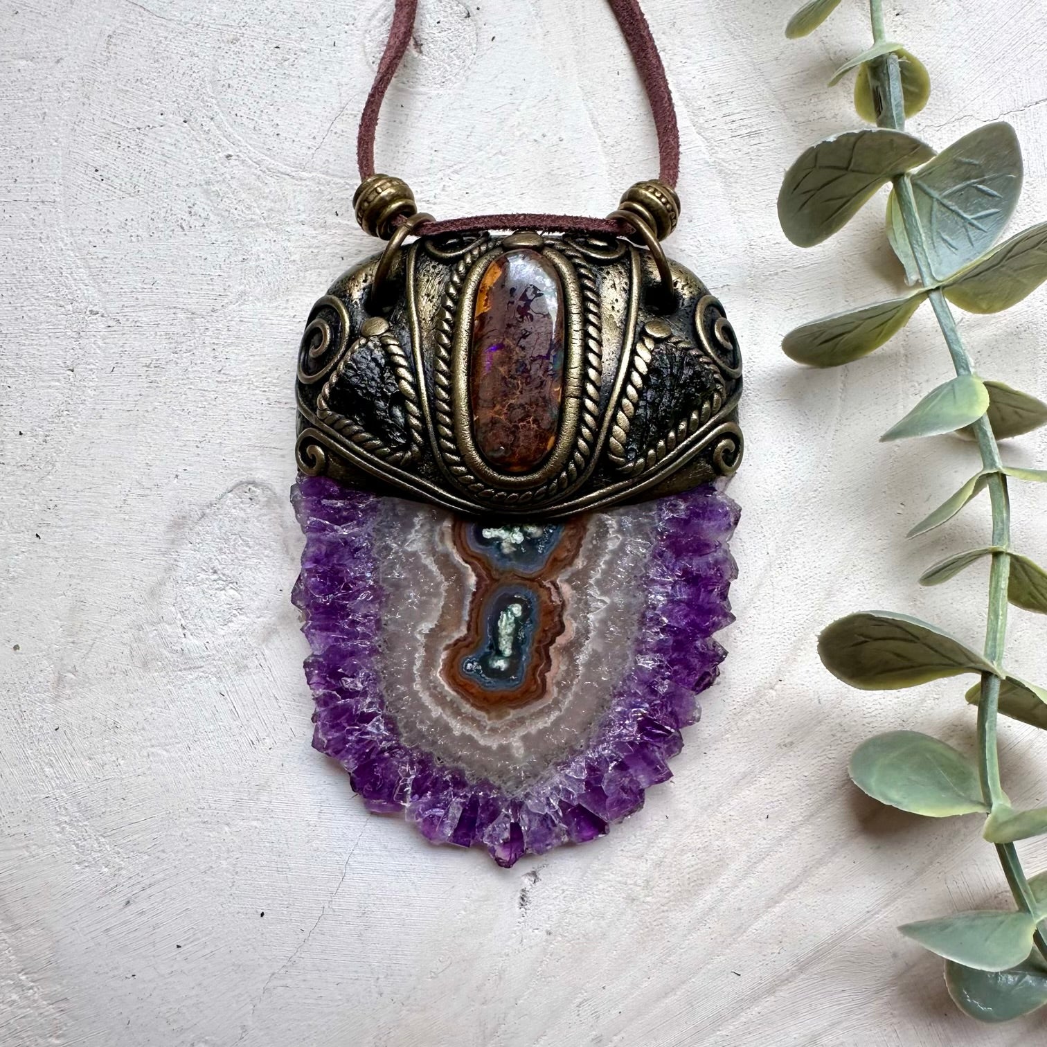 Large amethyst stalactite with boulder opal and moldavite necklace, handmade jewelry
