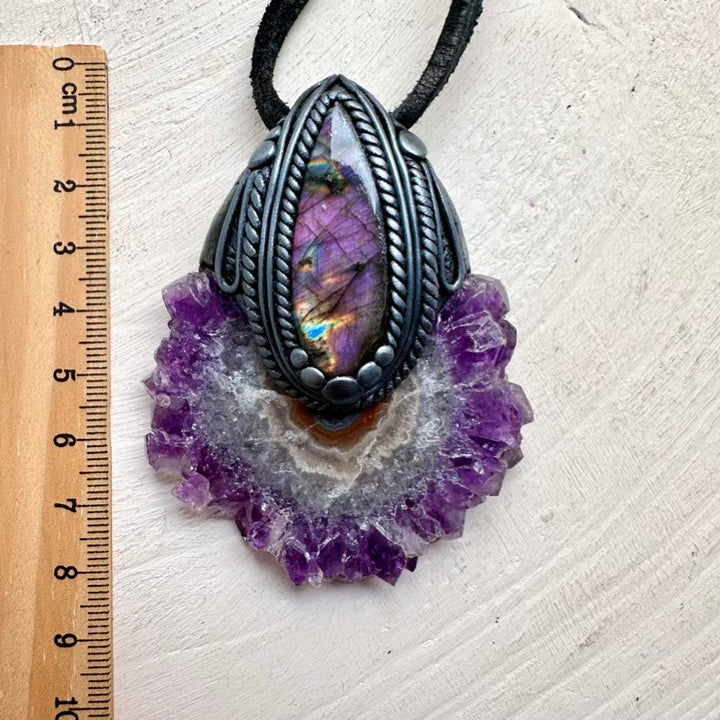 Amethyst Stalactite flower slice with Purple Labradorite crystal pendant
