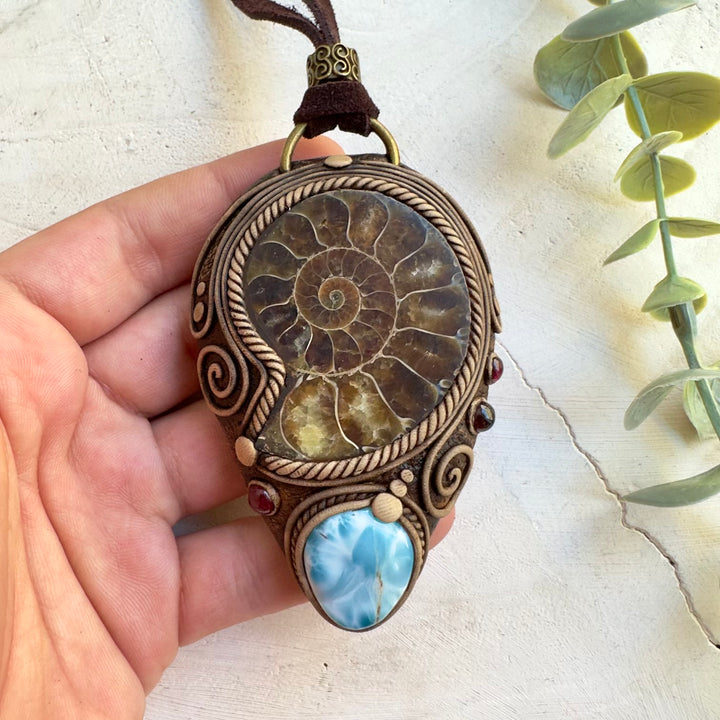 Large ammonite fossil necklace with Larimar and Rhodolite Garnet