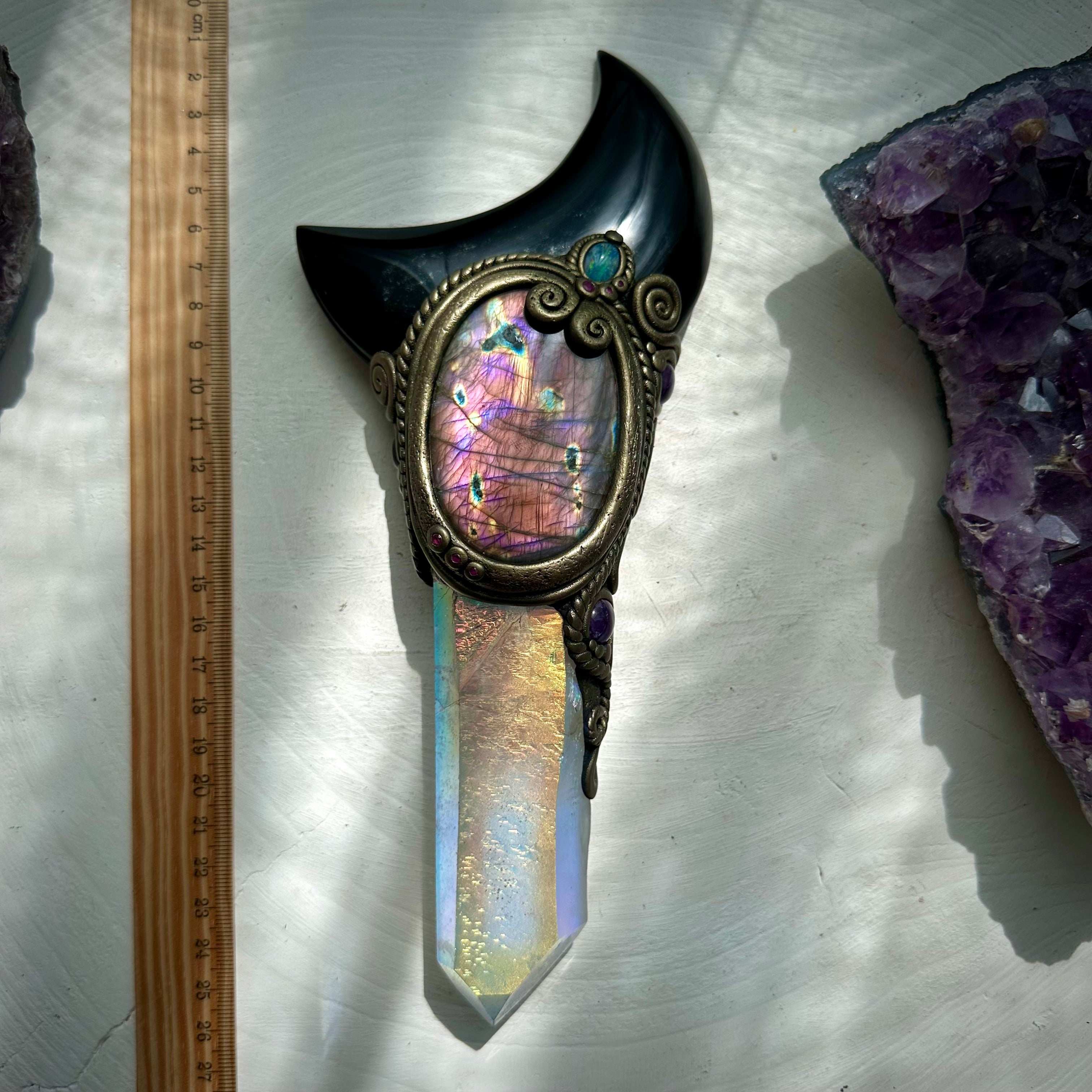 Large Angel Aura Quartz Black Obsidian Moon Labradorite Australian Opal Amethyst and Ruby Wand - FairyGardenGlow