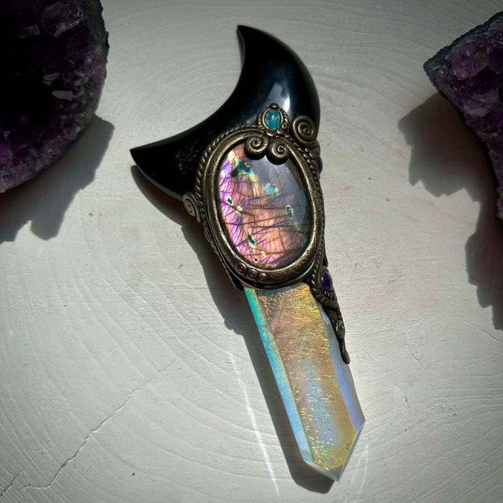 Large Angel Aura Quartz Black Obsidian Moon Labradorite Australian Opal Amethyst and Ruby Wand - FairyGardenGlow