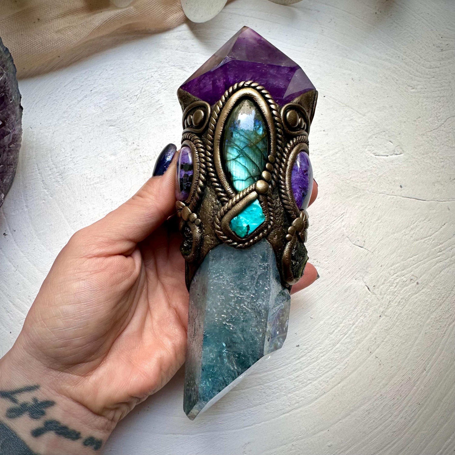 Large Aqua Aura Quartz with Polished Amethyst, Labradorite, Charoite, Chrysocolla and Moldavite Wand - FairyGardenGlow