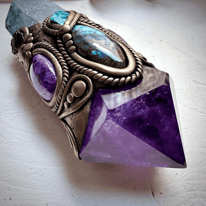 Large Aqua Aura Quartz with Polished Amethyst, Labradorite, Charoite, Chrysocolla and Moldavite Wand - FairyGardenGlow
